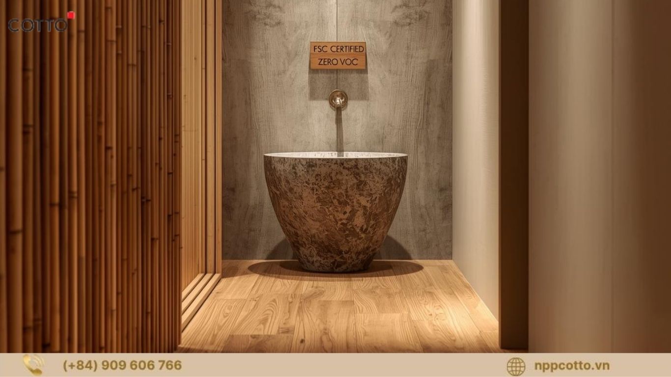 Vật liệu thân thiện: sàn tre ép, bồn đá tái chế, tường sơn khoáng không VOC trong nhà tắm xanh