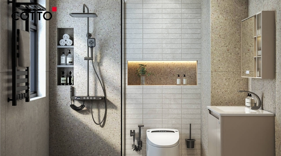 Ngành thiết bị vệ sinh hiện đại với gạch men và sen vòi thông minh